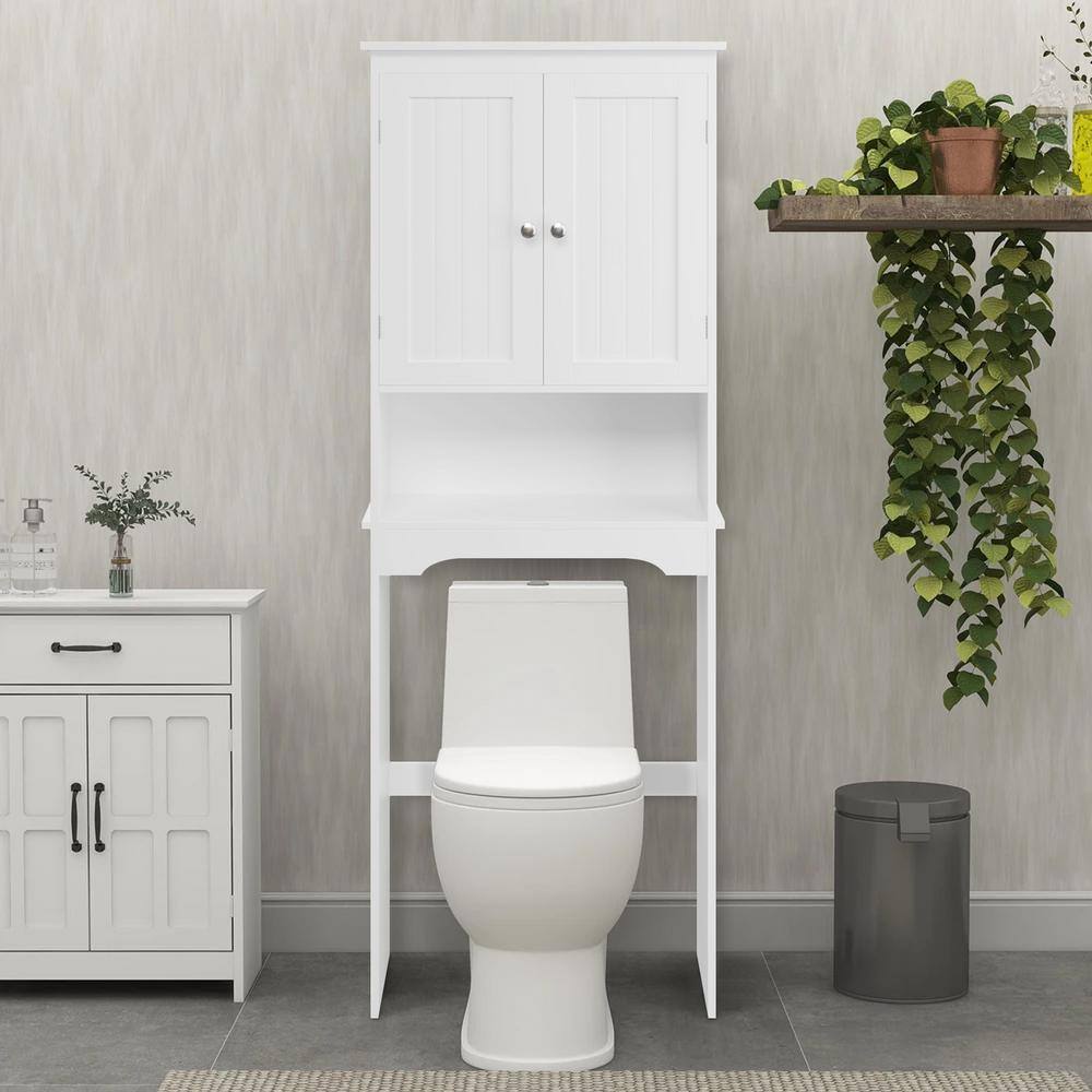 White Wood Over-the-Toilet Storage with Adjustable Shelves and Doors