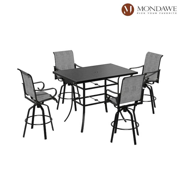 5-Piece Aluminum Bar Height Outdoor Dining Set 360° Rotation Chair and Square Table with Cushion and Umbrella Hole
