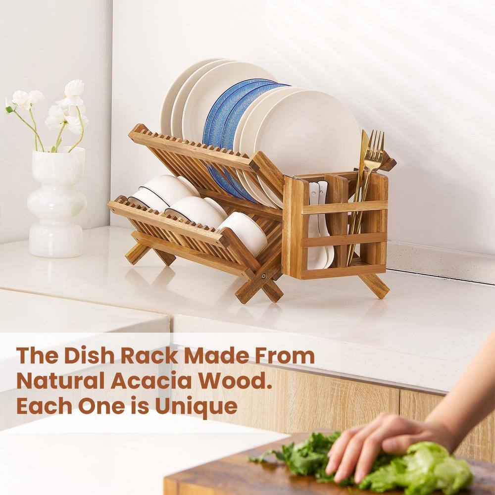 Foldable Acacia Wood 2-Tier Dish Rack with Utensil Holder