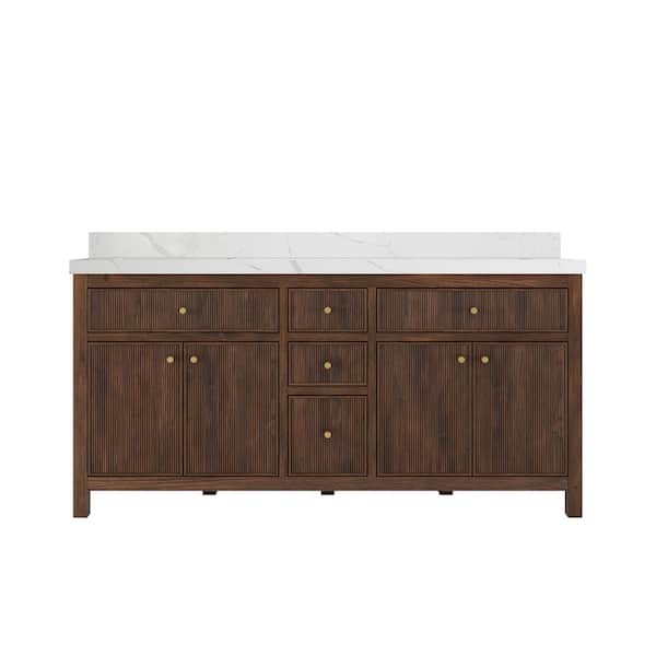 Willow Collections Sonoma Teak 72 in. Double Sink Freestanding Dark Walnut Bath Vanity with Calcutta Laza Quartz Top Unassembled