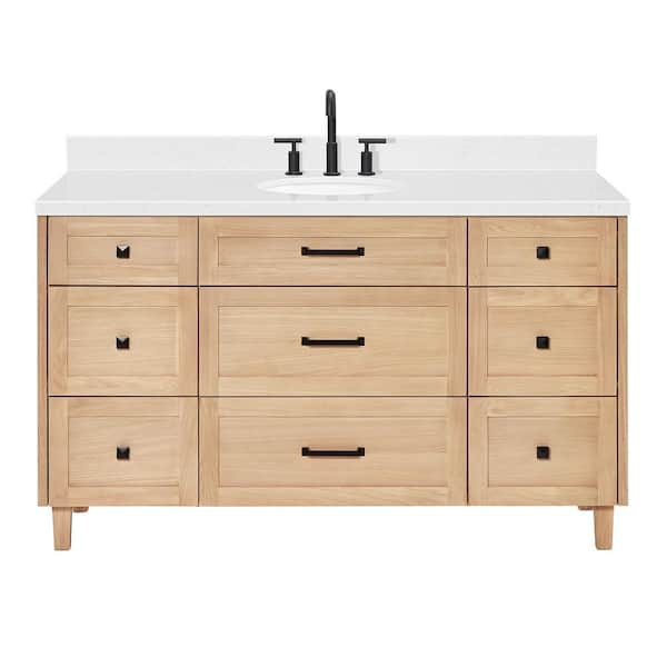 Monroe 60 in. W x 22 in. D x 36 in. H Single Oval Sink Bath Vanity in Oak with Carrara White Quartz Top