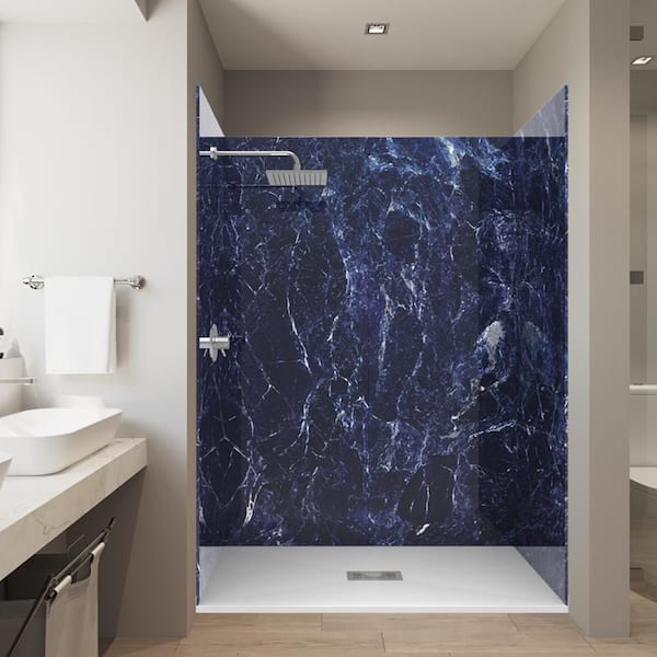 Blue Empress 32 in. x 60 in. x 84 in. Solid Composite Stone Alcove Shower Kit with Walls and White Pan Base Center Drain