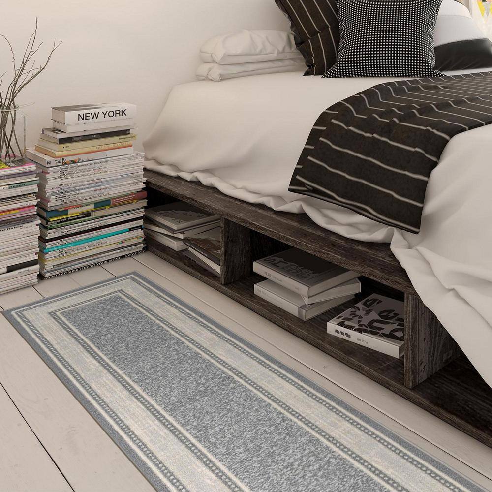 Light Gray Bordered Non-Slip Synthetic Runner Rug, 1'10" x 7'