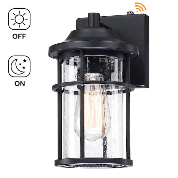 Pia Ricco 1-Light Outdoor Black Wall Fixture with Dusk to Dawn Sensor (E26 Base)