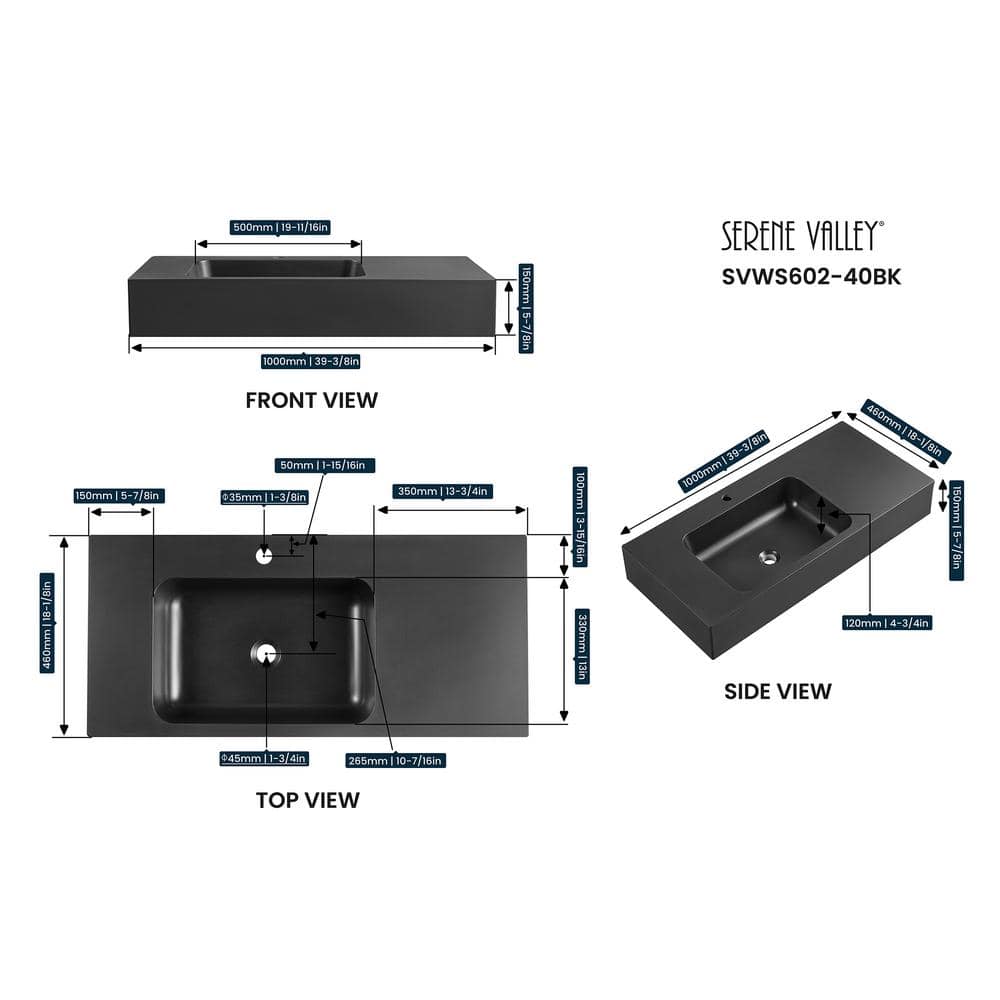 Matte Black Granite Wall-Mount Square Bathroom Sink