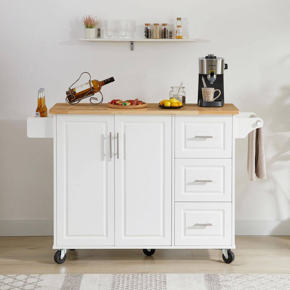 White Rubber Wood Top 53.8 in. Kitchen Island Cart with Drop Leaf Adjustable Shelves Tower Rack and Wheels price history on PriceWatchPro