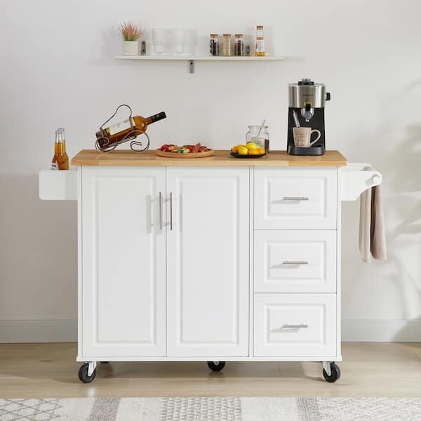 White Rubber Wood Top 53.8 in. Kitchen Island Cart with Drop Leaf Adjustable Shelves Tower Rack and Wheels