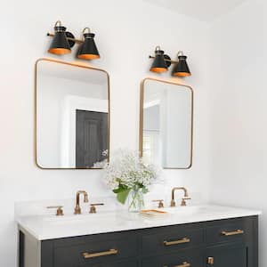 14.5 in. 2-Light Polished Brass Wall Sconce, Industrial Black Bathroom Vanity Light, Modern Bath Lighting for Mirrors