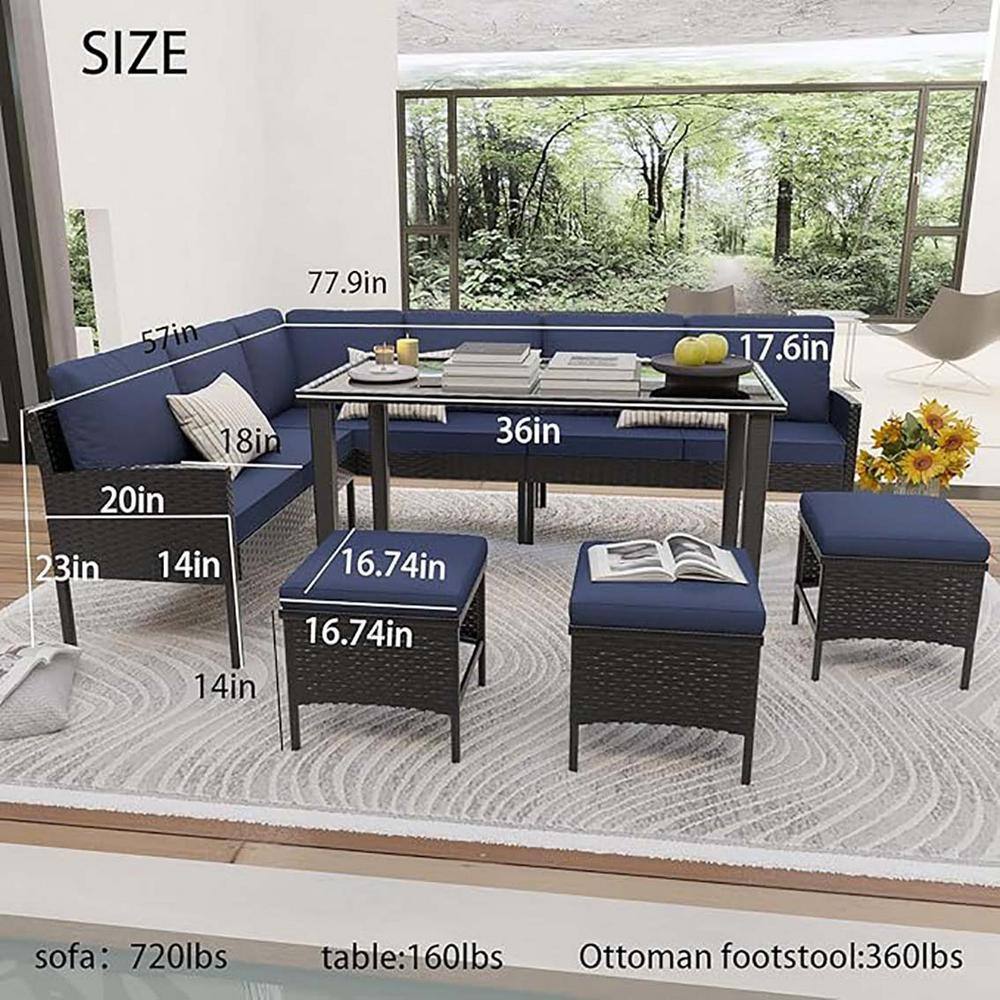 7-Piece Black Wicker Patio Conversation Set with Blue Cushions, with Table and Ottomans price history on PriceWatchPro