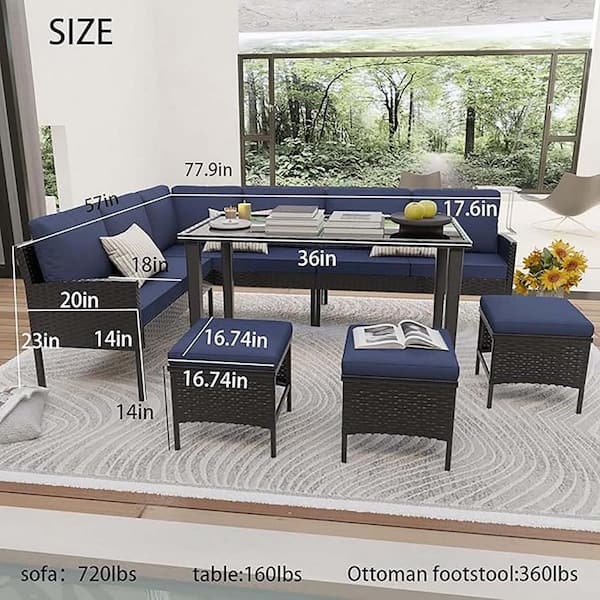 Tenleaf 7-Piece Black Wicker Patio Conversation Set with Blue Cushions, with Table and Ottomans