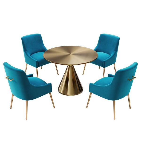 Clihome 5Piece Round Gold Stainless Steel Dining Set with Blue Velvet