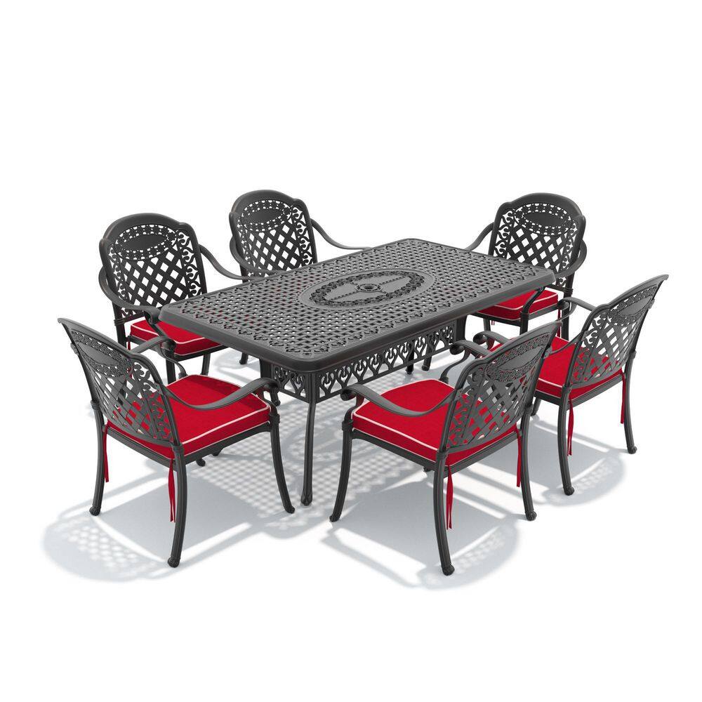 Black 7-Piece Cast Aluminum Outdoor Dining Set with Stackable Chairs and All-Weather Red Cushions price history on PriceWatchPro