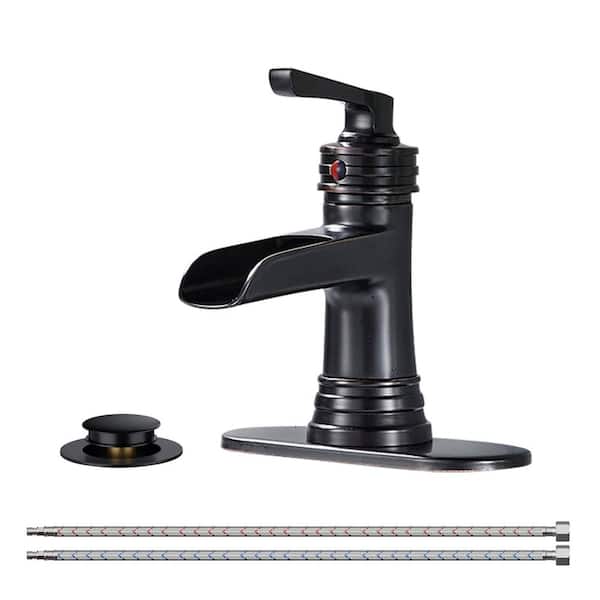 Waterfall Single Hole Single Handle Bathroom Faucet with Metal Pop-Up Drain, Bathroom Sink Faucet in Oil Rubbed Bronze