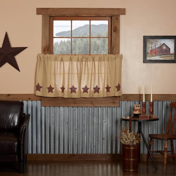VHC BRANDS Burlap Stenciled Star 36 in. W x 24 in. L Country Light Filtering Tier Window Panel in Natural Tan Burgundy Pair