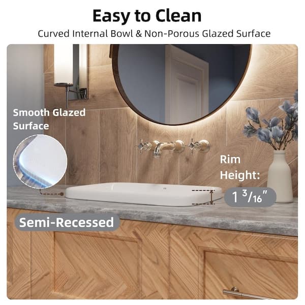 20 in. Drop-In Bathroom Sink in White Ceramic, Modern Rectangle Semi-Recessed Bathroom Sink, Includes Extra Pop-Up Drain