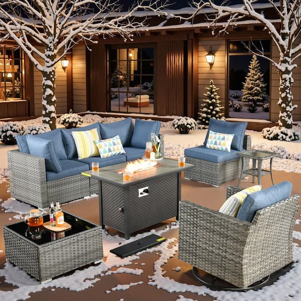 Toject Sanibel Gray 8-Piece Wicker Outdoor Patio Conversation Sofa Sectional Set with a Metal Fire Pit and Denim Blue Cushions