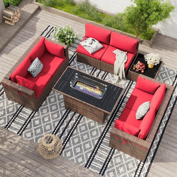 Poteban 8 Piece Brown Wicker Outdoor Sectional Set with Fire Pit Table, Coffee Tables and Cushions