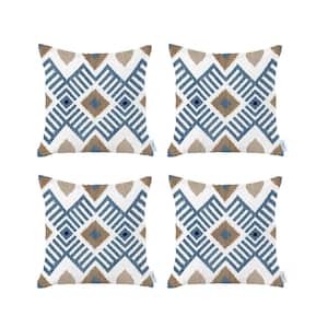 Ikat (Set of 4) Blue Square 18 in. x 18 in. Boho Throw Pillow Covers
