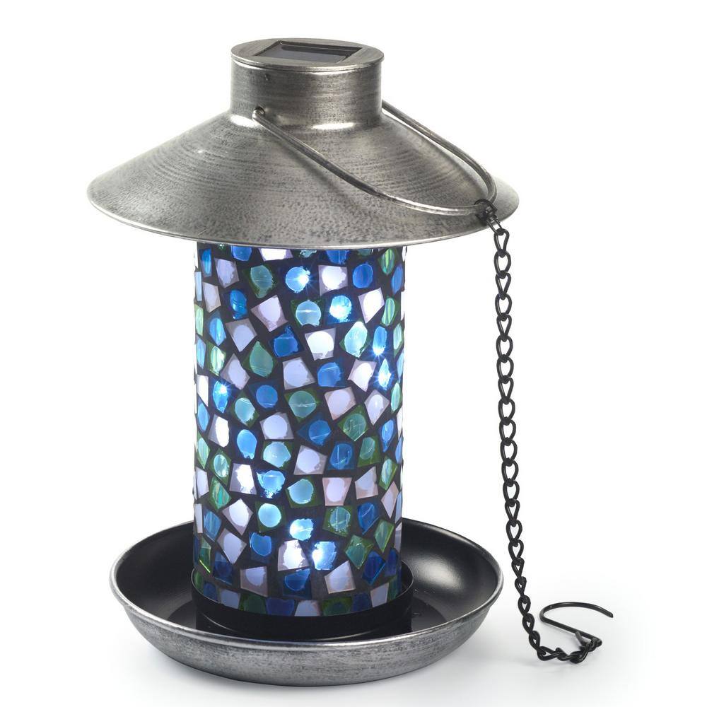 Adelie Blue Mosaic Glass and Metal Hanging Bird Feeder with Solar Light