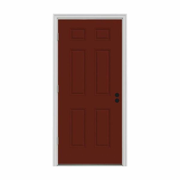 JELD-WEN 32 in. x 80 in. 6-Panel Mesa Red w/ White Interior Steel Prehung Right-Hand Outswing Front Door w/Brickmould