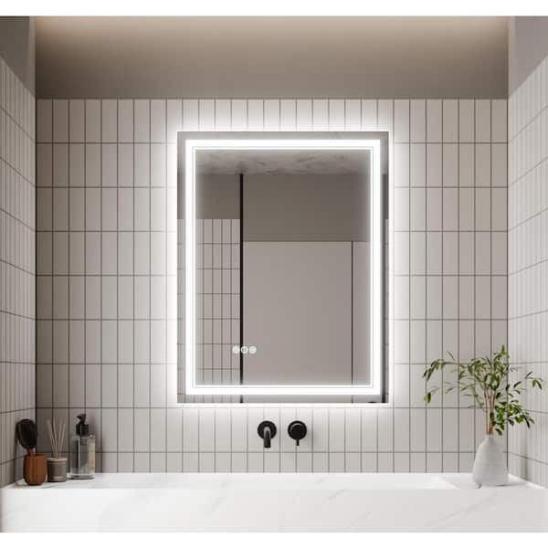 EAKYHOM 28 in. W x 36 in. H Rectangular Frameless Anti-Fog Wall Dimmable Backlit Dual LED Bathroom Vanity Mirror in Silver