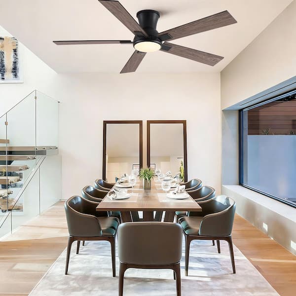 Modern 52 in. Black 5 Blades Flush Mount Standard Ceiling Fan with LED Light and Remote Included