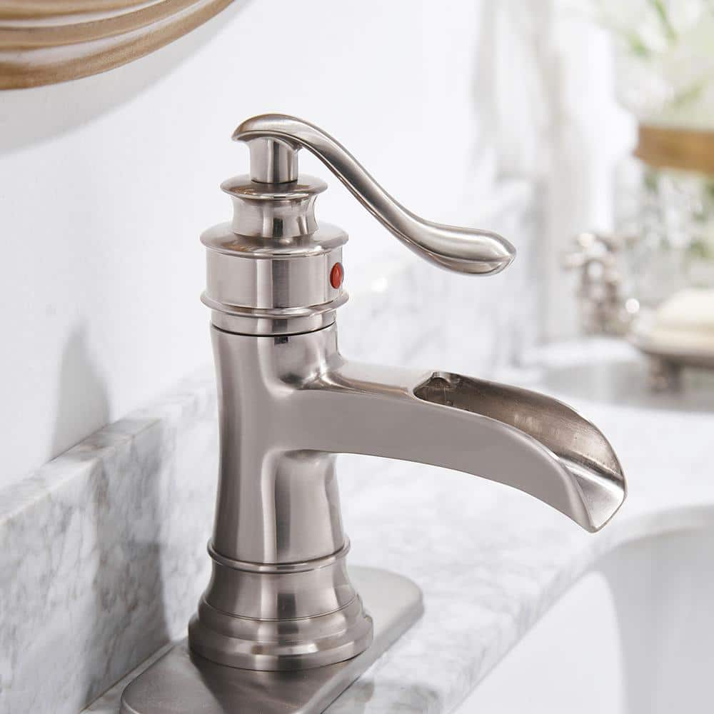 Brushed Nickel Waterfall Single-Handle Bathroom Faucet with Drain Assembly