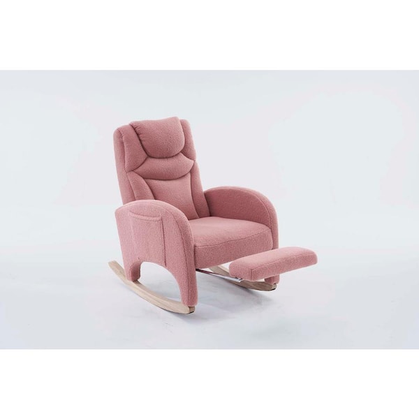 wetiny Pink Teddy Linen Fabric Nursery Rocking Chair With Adjustable Footrest