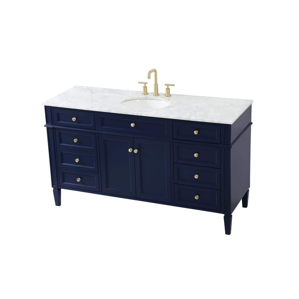 Blue Solid Wood MDF Marble Single Bathroom Vanity with Brushed Gold Hardware