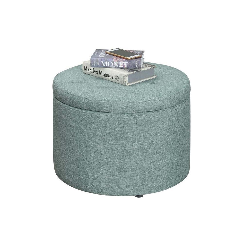 Tufted Round Green Faux Linen Shoe Ottoman with 12 Compartments
