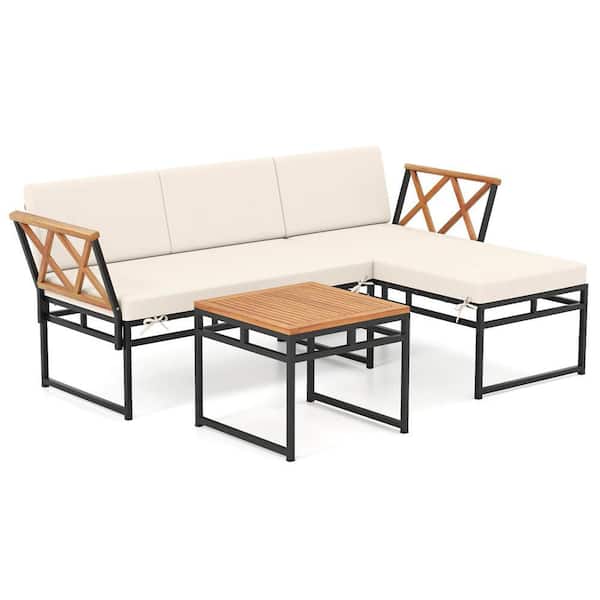 3-Piece Acacia Wood Patio Conversation Set with Beige Cushions