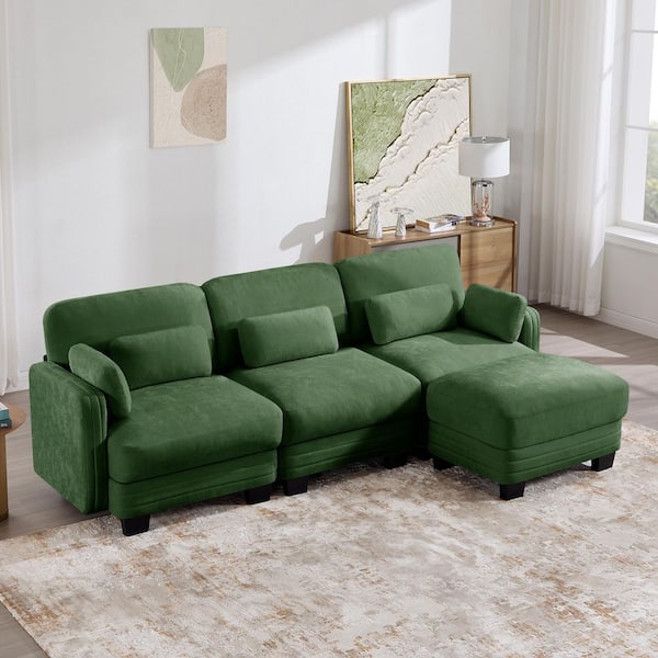 100 in. Square Arms Chenille L-Shaped Modular Sectional Sofa in Green with Movable Ottoman and Pillows