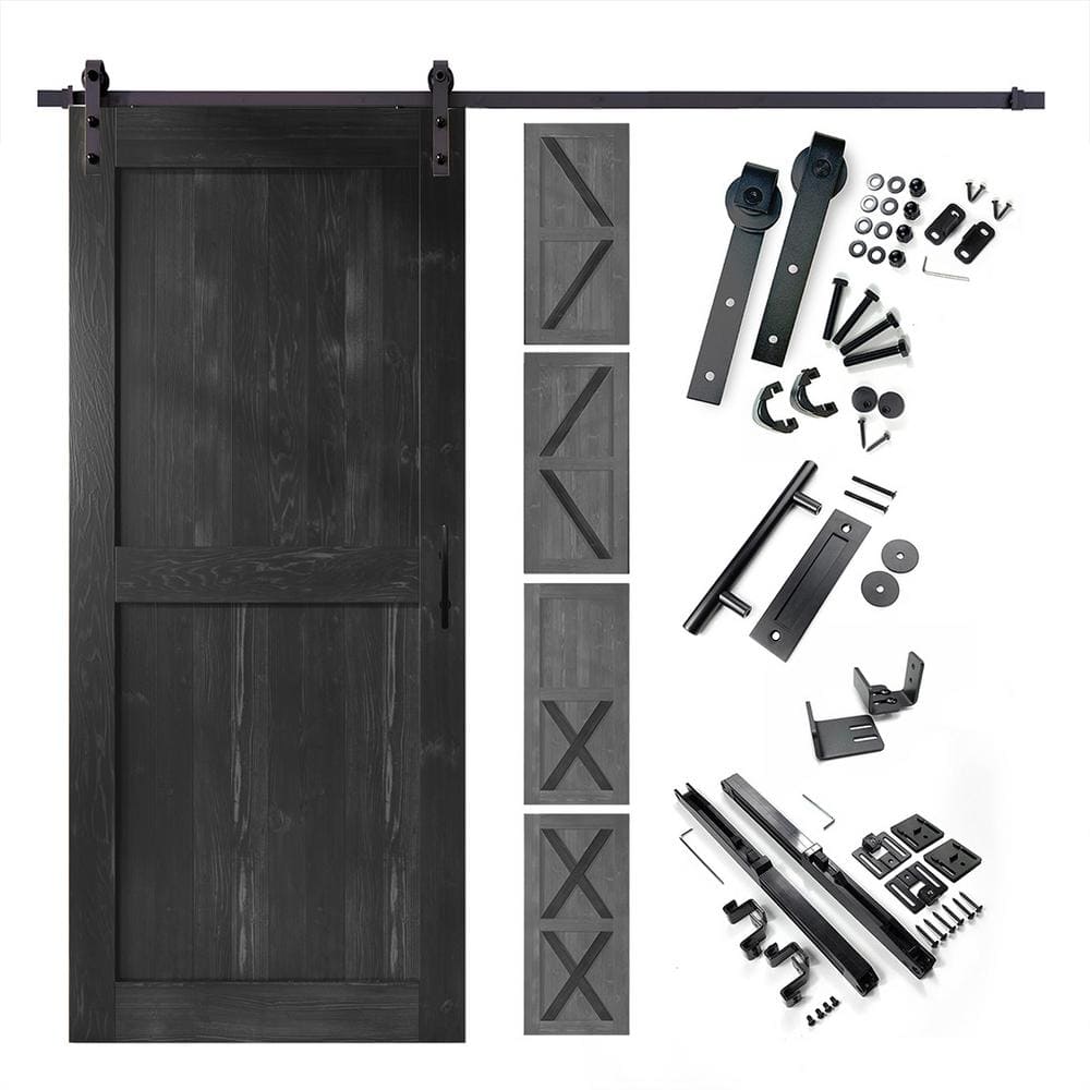 HOMACER 54 in. x 80 in. 5-in-1 Design Black Solid Pine Wood Interior Sliding Barn Door with Hardware Kit, Non-Bypass