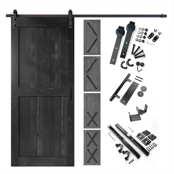HOMACER 48 in. x 80 in. 5 in. 1 Design Black Solid Pine Wood Interior Sliding Barn Door Hardware Kit, Non-Bypass