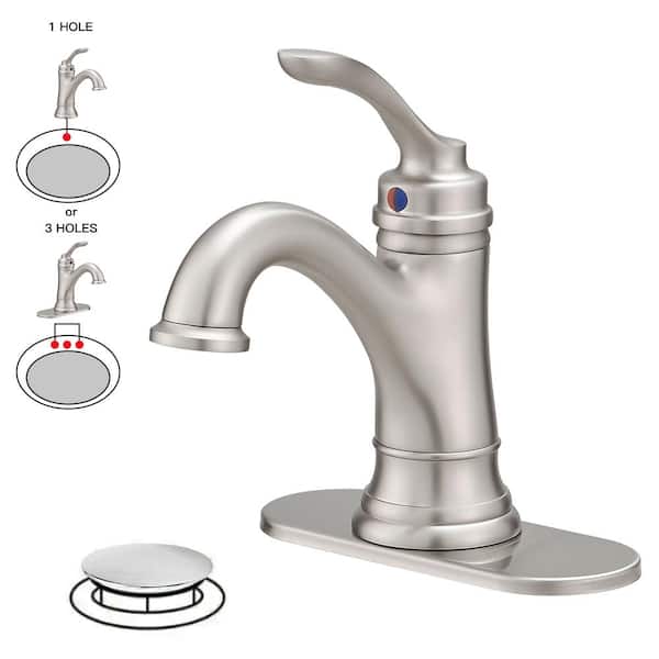 BWE Single Handle Bathroom Faucet For One Hole with 3 Holes Deck Plate and Metal Drain In Brushed Nickel