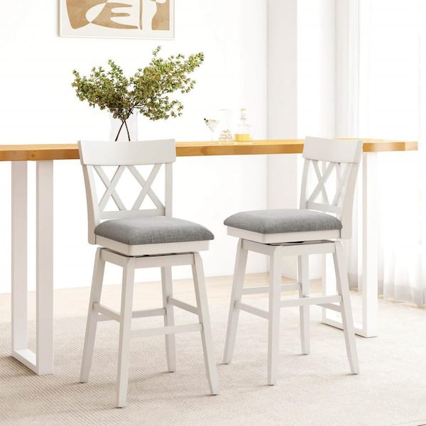 Costway White 30 in. Bar Stool Wooden Chair with Contoured Backrest Swivel Padded Seat with Gray Cushions(1 Pack)