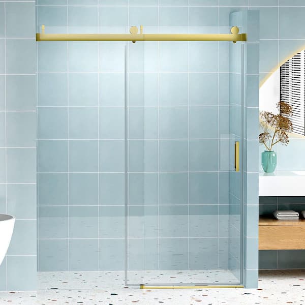 56 to 60 in. W x 76 in. H Single Sliding Frameless Shower Door in Gold Finish with Clear Glass