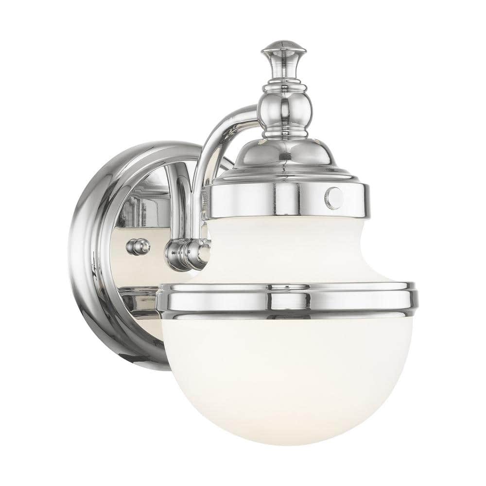 Sleek Industrial Polished Chrome 1-Light Bath Vanity with Hand Blown Opal Glass