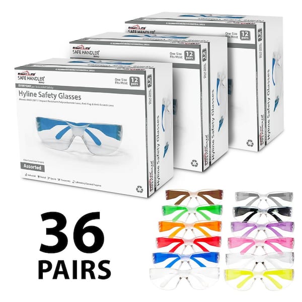 BISON LIFE Hyline Multi-Color Anti-Fog Safety Glasses, Clear Lens Color Temple, Scratch Resistant Polycarbonate Lens (36-Pairs)