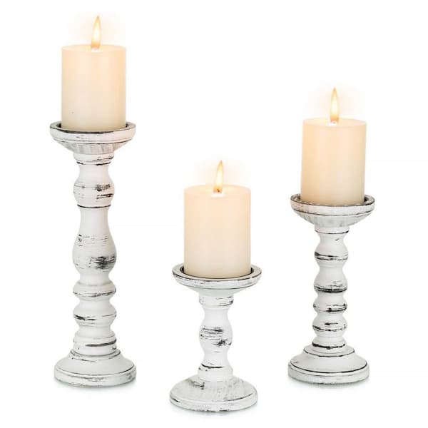 White Black Rustic Wood Candle Holders Set of 3 Tall Farmhouse Pillar ...