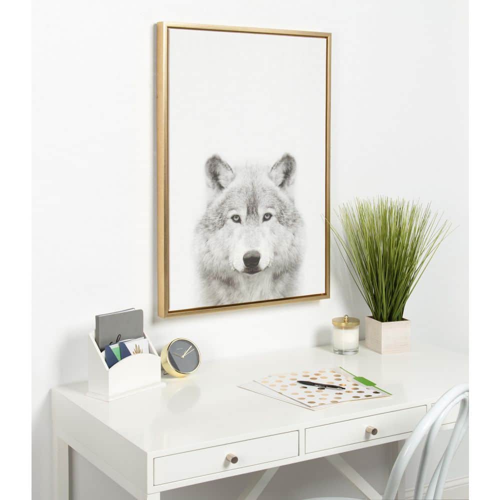 Gold Framed Black and White Wolf Canvas Print, 33" x 23"