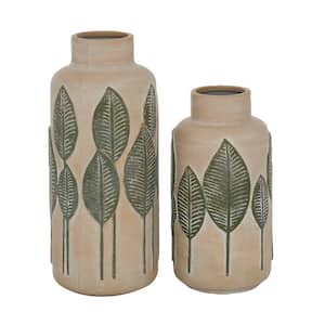 11 in., 14 in. Beige Leaf Ceramic Decorative Vase (Set of 2)