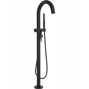 Contemporary Round Single-Handle Freestanding Tub Filler for Flash Rough-in Valve with Hand Shower in Matte Black