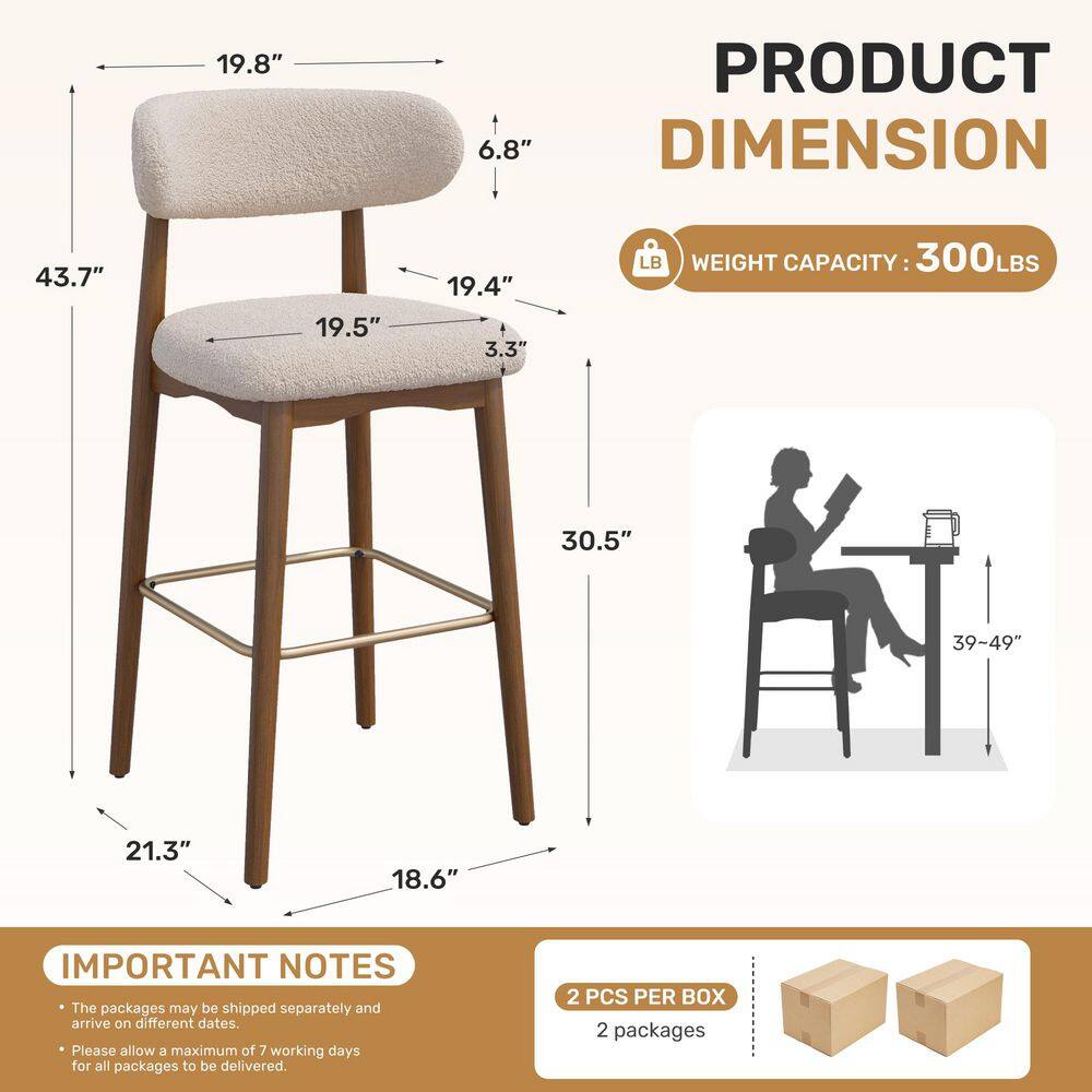 Dimension diagram of the beige teddy fabric bar stool showing height, width, and depth.