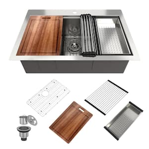 33 in. Drop-In Single Bowl 18 Gauge Brushed Stainless Steel Workstation Topmount Kitchen Sink with Sliding-Accessories