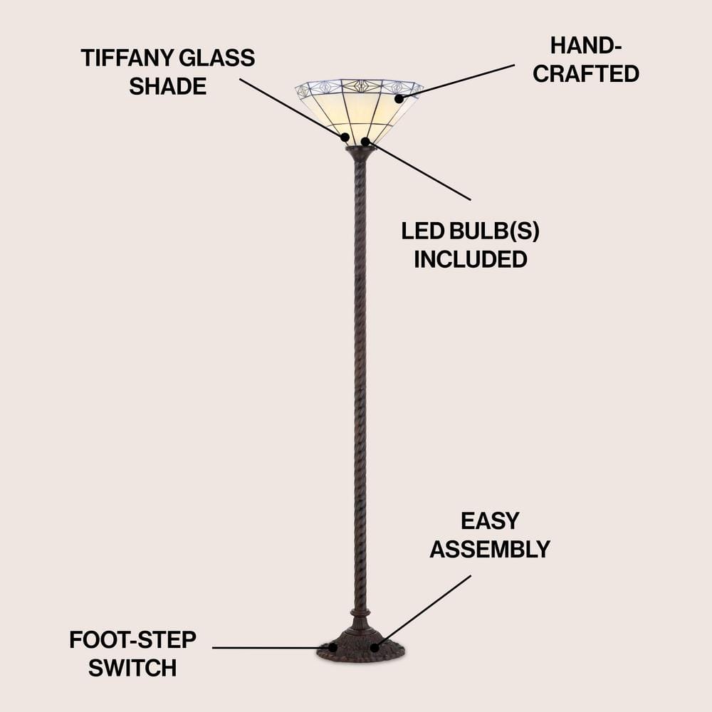 Moore Tiffany-Style Bronze Torchiere Floor Lamp with Multicolor Stained Glass