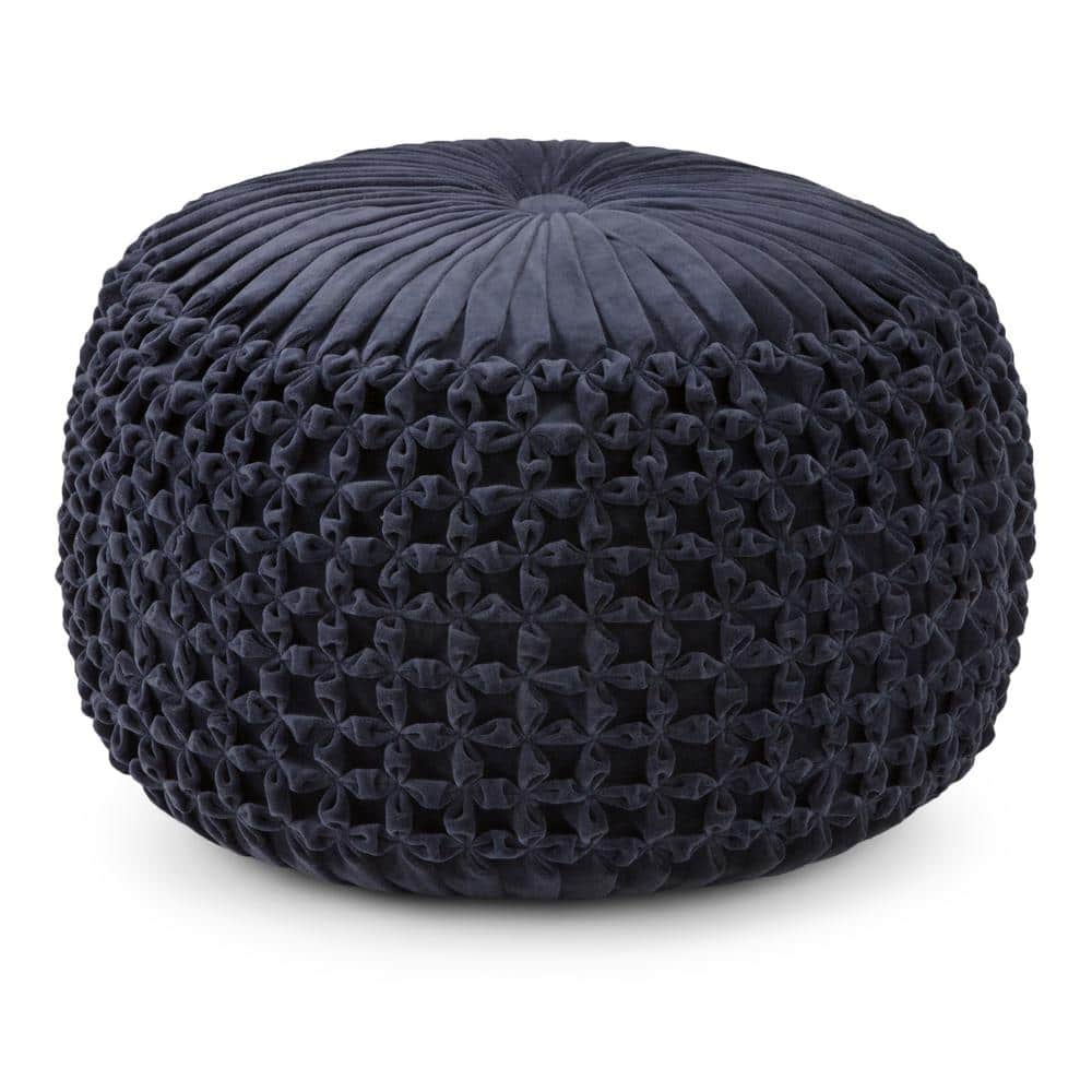 Renee Transitional Navy Velvet Tufted Round Pouf