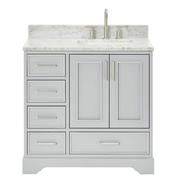 Stafford 36 in. W x 22 in. D x 35.25 in. H Right Single Sink Bath Vanity in Gray with Carrara White Marble Top