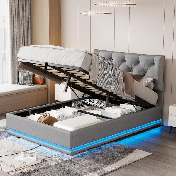 Harper & Bright Designs Gray Wood Frame Full Linen Upholstered Platform Bed with Hydraulic Storage System, LED Lights, Button-Tufted Design