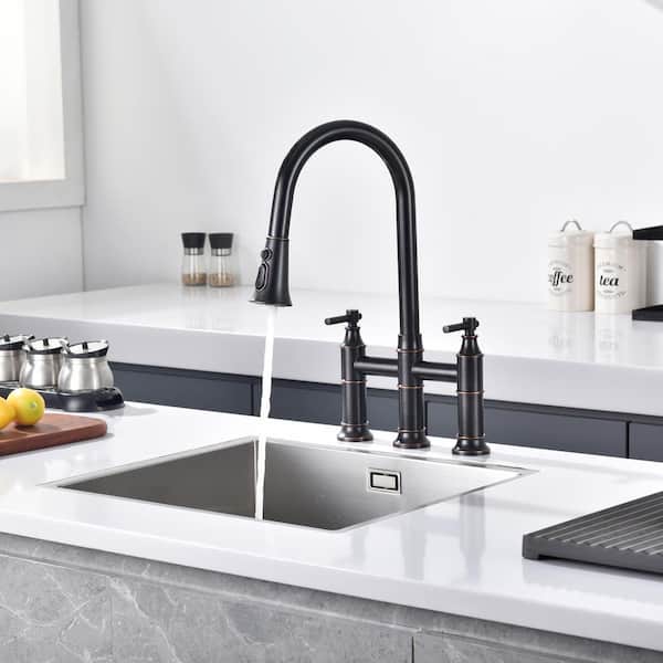 Traditional Double Handle Bridge Kitchen Faucet with Pull out Spray Wand in Oil Rubbed Bronze
